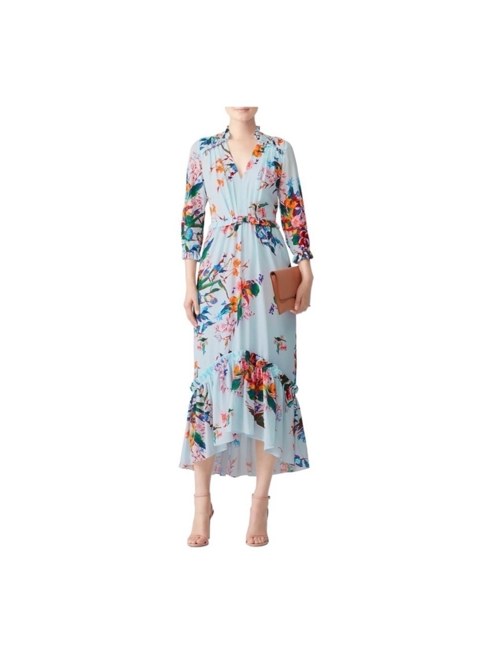 HUNTER BELL Light Blue Floral Wrap Midi Dress